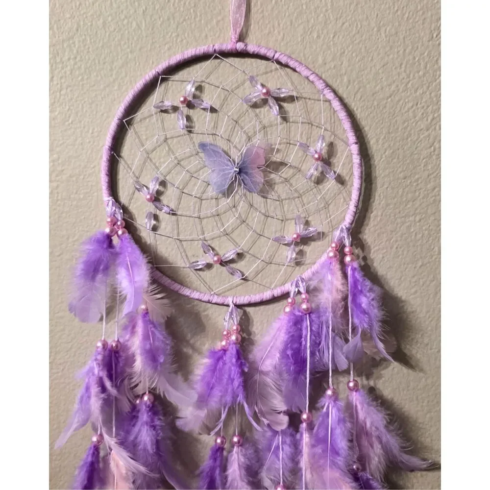 Lavender Butterfly Dreamcatcher - Purple Feathers & Crystal Bead Web Wall Decor